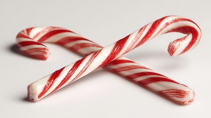 Striped peppermint candy cane shown clearly on white surface. Ideal for holiday marketing, gift tags, and cheerful Christmas food content.