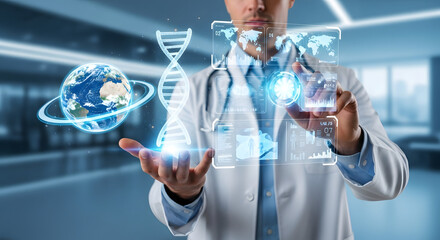 Medical professional in lab coat interacting with glowing DNA, global health data, and futuristic holographic interfaces.