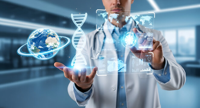 Medical professional in lab coat interacting with glowing DNA, global health data, and futuristic holographic interfaces.