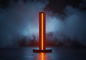 Vertical illuminated column with orange light and smoke abstract blue