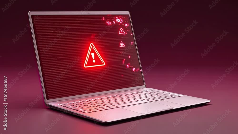 Poster laptop warning alert cybersecurity threats on screen with code and error messages evoke urgency in d