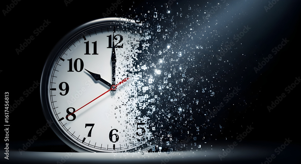Poster clock dissolving into digital data stream abstract concept