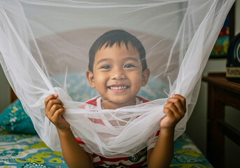 Child Under Mosquito Bites Net at Night. Safe Sleep. Bedtime Protection for Kids. World Mosquito Day