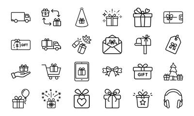 Gift and Delivery Line Icons &ndash; Minimal Vector Set for Online Shopping, Gifting, Subscriptions, and Celebration Themes

