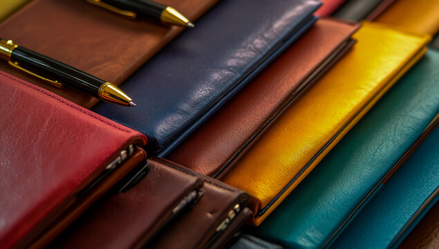 A high-quality image shows a collection of stylish, vibrantly colored leather-bound business books, each book neatly topped with a matching pen,