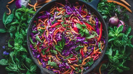 Fototapeta premium Vibrant colorful vegetable salad in a cast iron pan.