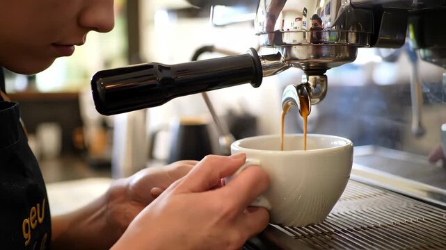 Barista Pouring Fresh Espresso from Professional Machine into Cup