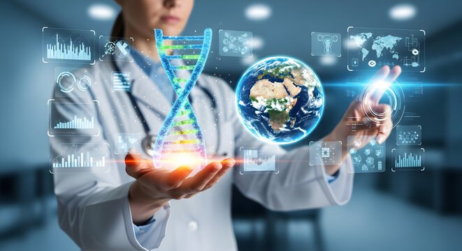 A medical professional holding a DNA strand and a globe, interacting with digital interfaces.