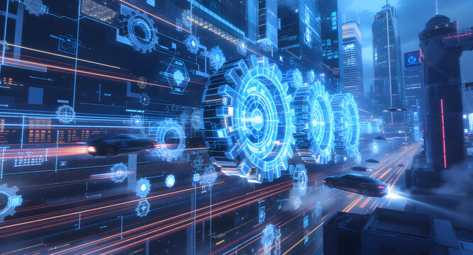 Futuristic Urban Landscape with Digital Gears and Data Streams. High-Tech Cityscape with Advanced Transportation.