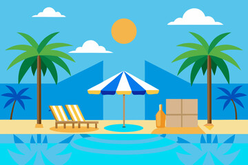 Fototapeta premium Tropical beach scene with palm trees lounge chairs umbrella and pool