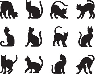 Black cat silhouettes in various poses feline animal