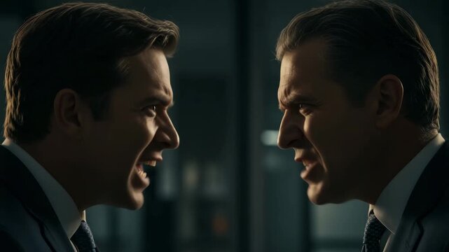 Two serious executive businessmen facing each other in a dark corporate setting, symbolizing conflict and power dynamics