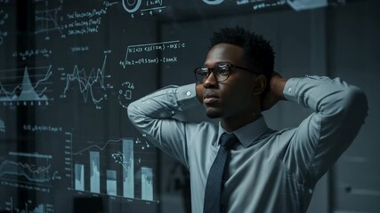 Thoughtful young businessman analyzing abstract projected data graphics on a transparent screen in a modern office - Powered by Adobe