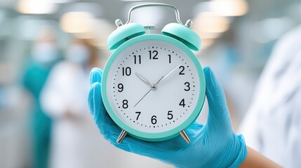 A gloved hand holds a mint green alarm clock showing 10:10, with a blurred hospital or laboratory background.