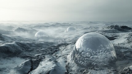Monochromatic vista featuring dome-shaped structures on a harsh, extraterrestrial landscape. Ideal for science fiction, climate change, or environmental disaster concepts.