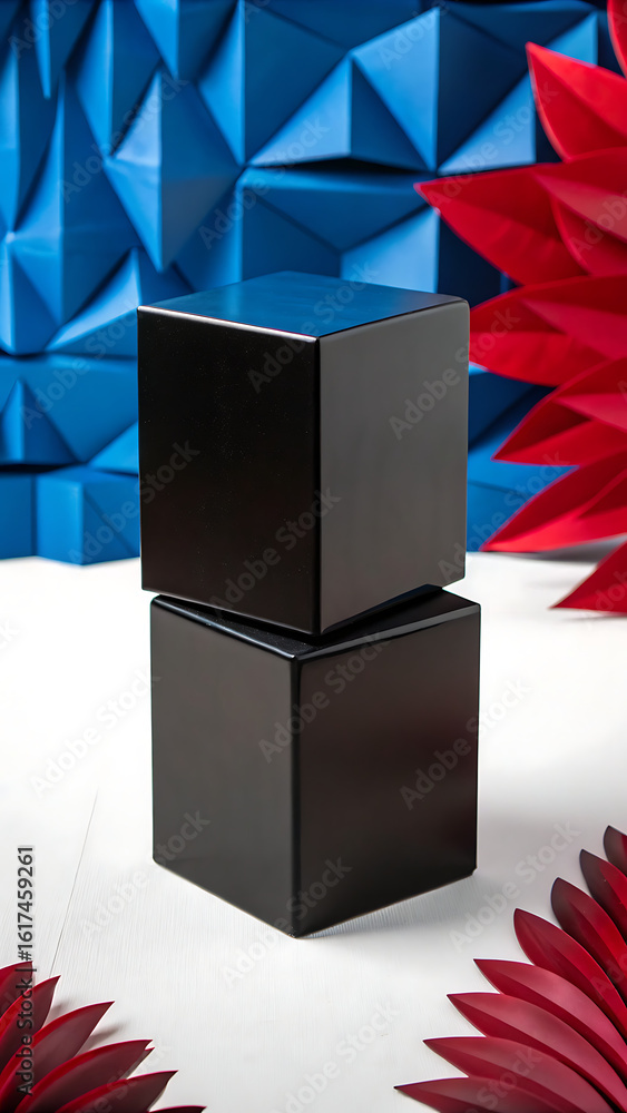 Poster two sleek black rectangular boxes stacked on a white surface with a vibrant abstract background of r