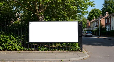 Fototapeta premium Empty White Banner on Fence in Suburban Residential Area