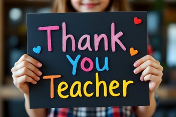 Child Holds Thank You Teacher Sign Appreciation Education Concept