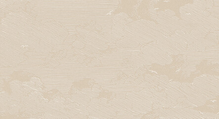 Minimalist line art pattern of clouds and flying birds on a beige textured background.