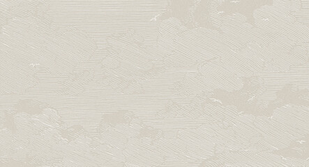 Minimalist line art pattern of clouds and flying birds on a beige textured background.