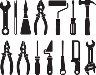 Assorted black silhouette tools for construction and repair wrench pliers