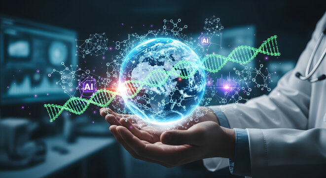 A doctor holds a glowing Earth globe with DNA strands and AI connections, symbolizing global healthcare and technological advancement in medicine. - Powered by Adobe
