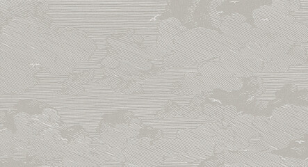 Minimalist line art pattern of clouds and flying birds on a beige textured background.