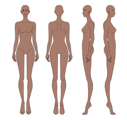 Colored fashion croquis figurines front side back view with brown skin bald woman in vector.
