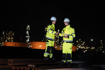 Engineers Shaking Hands at Night Industrial Site, Workers Night Shift Collaboration and Success at a Chemical Plant
