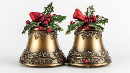 Festive bronze bells with holly, ribbon, studio background, Christmas decor