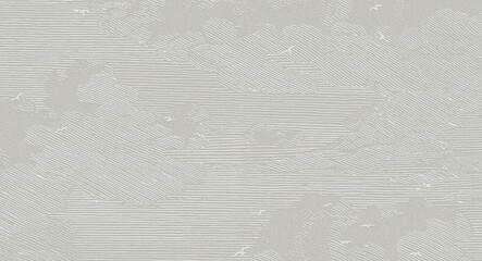Minimalist line art pattern of clouds and flying birds on a beige textured background.