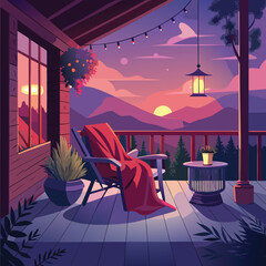 Cozy porch overlooking mountains at sunset with string lights deck twilight