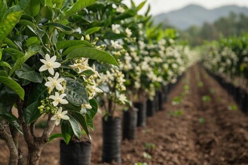 Row of potted Murraya paniculata trees with white blooms in outdoor nursery. Perfect for illustrating agriculture, horticulture or environmental themes.