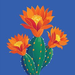 Three bright orange cactus flowers blooming on a green prickly pear cactus vector