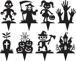 Naklejka premium Halloween figures and spooky objects silhouette collection grim reaper zombie