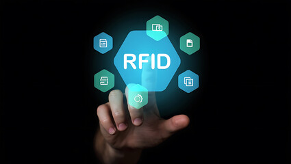 Human finger touching glowing R F I D interface with data icons RFID technology