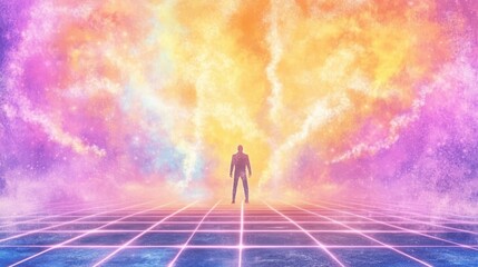 Surreal cosmic futuristic silhouette on neon grid. Abstract man in space, colorful aura, fantasy lights. Vibrant atmosphere, digital background, dreamlike universe, sci concept, creative inspiration.