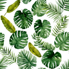 Seamless Tropical Watercolor Pattern with Monstera, Banana Leaves, and Palm Fronds