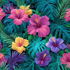 Vibrant Tropical Floral Pattern with Hibiscus and Monstera Leaves