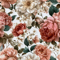 A vintage-inspired seamless pattern featuring soft pastel roses, peonies