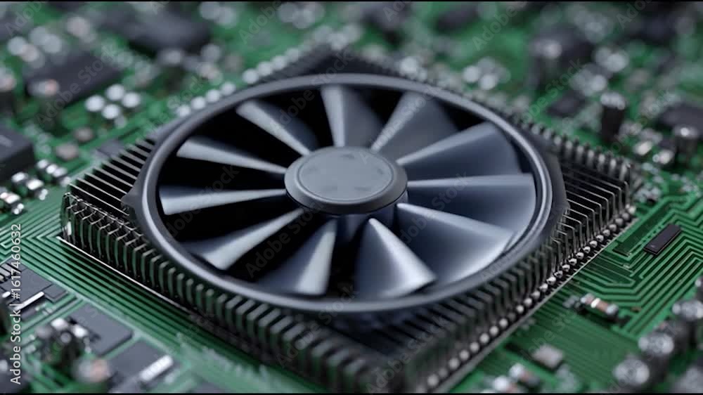 Poster a close-up view of a computer cooling fan mounted on a green circuit board with electronic component