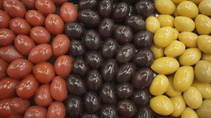 Colorful olives arranged in market display
