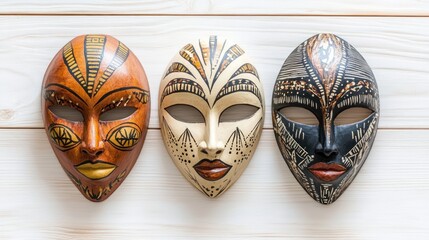 Three tribal masks on wood, ethnic art, craft, decoration, background