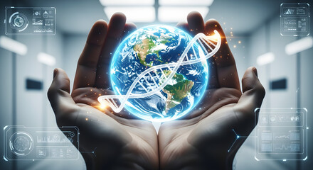 Hands gently cradle a glowing Earth globe intertwined with a DNA helix, surrounded by digital interfaces, symbolizing science, technology, and global health.