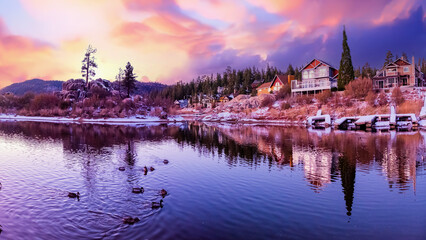 Beautiful view Big Bear Lake with snow at sunset.  California ,USA