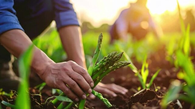 A cinematic close-up video capturing a farmer&rsquo;s hand gently picking fresh asparagus from the soil, bathed in dramatic lighting, revealing rich textures, earthy tones, and authentic farm detail