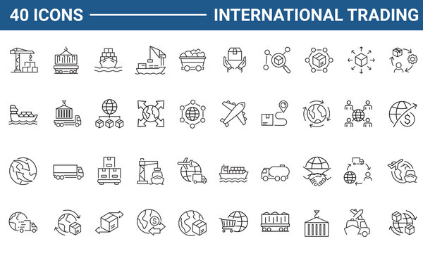 International Trading set of web icons in line or outline style. Suitable for web and mobile app. Outline icons collection. Editable Stroke. Vector illustration.	