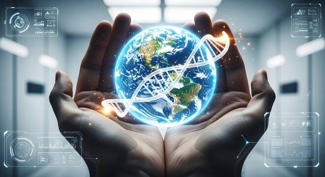 Hands gently cradle a glowing Earth globe intertwined with a DNA helix, surrounded by digital interfaces, symbolizing science, technology, and global health.