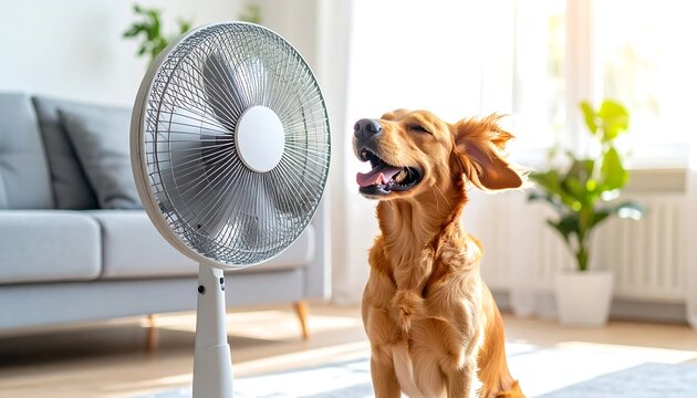 Golden retriever enjoying cool breeze from fan indoors - Powered by Adobe