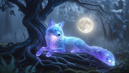 Luminous fox moonlit forest mystical creature fantasy art glowing animal serene night magical landscape